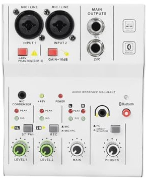 Mezclador de audio, Mezclador De Audio Profesional Q12M 2 Canales, Interfaz Tarjeta Sonido, Consola Mini USB, Grabación For DJ, Estudio, Guitarra,PC, Estudio de grabación y juegos(White)