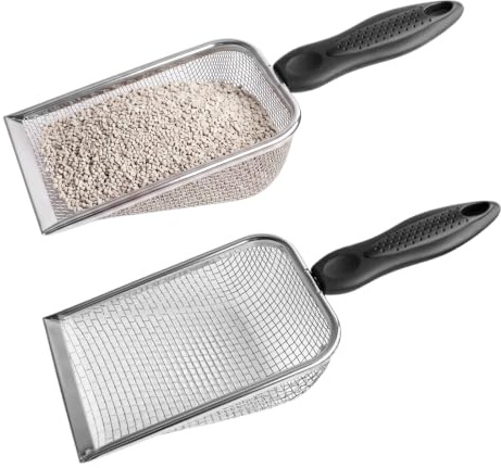Korechain Kattlåda, spade, metall, set om 2 stycken, kattspade med 3 mm och 5 mm hål, kattströspade, metall för klumpströ, spade kattlåda med ergonomiskt handtag och upphängningshål, silver
