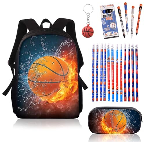 CYGMRFH Sac à Dos Basket Enfant 16 Pouces avec Trousse, 12 Crayons HB Basket, 4 Stylos Rotatifs et Porte-Clés, Cartable Sport Grande Capacité pour Garçon Fille Primaire Collège Lycée