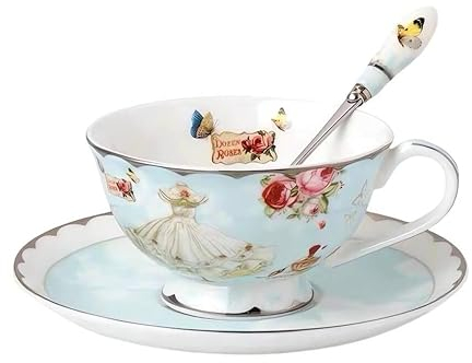YBK Tech Ensemble tasse et soucoupe style européen en porcelaine anglaise pour thé, café, maison, cuisine, mariage - Motif rose et robe (style I)