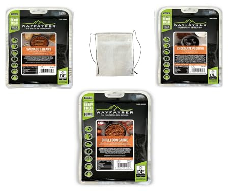Wayfayrer DofE Bronze 1 day Camping Food Expedition Pack – 3 MRE Boil in Bag Camping MealsOfficial Food Pouches of the D of E Award Scheme with drawstring carry bag