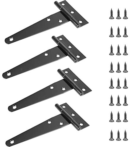Charnières, 4 Pièces Charnière Porte, T Charnières, Charnières Porte Métal, Charnières Robustes, T Noir Charnière, avec Vis, pour Portes de Portail, Portes de Remise et Portes de Grange, Noir