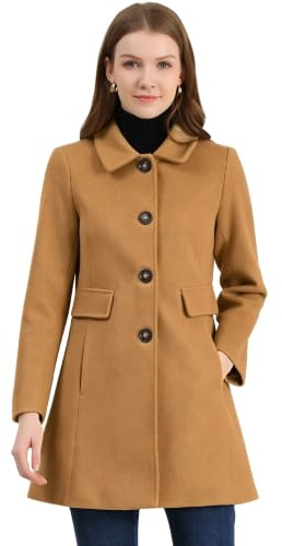 Allegra K Women's Vintage Lapel Collared Overcoat Single Breasted Mid-Long Winter Coat Khaki M