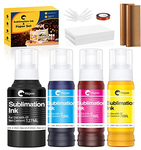 Hiipoo Sublimation Ink Set with 110 Sheet Sublimation Paper 8.5x11” 120G, 2 Pack Teflon Sheet, Heat Tape Compatible for Inkjet Printer ET-2720 ET-2760 ET-2800 ET-2803 ET-2400 ET-4700 ET-4800 ET-15000