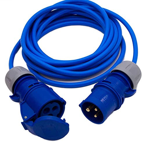 Mains Power Hookup Cable IP44 16 Amp CEE Plug to Coupler. Electric Extension Lead Blue - Made in the UK (Length 20 Metres)