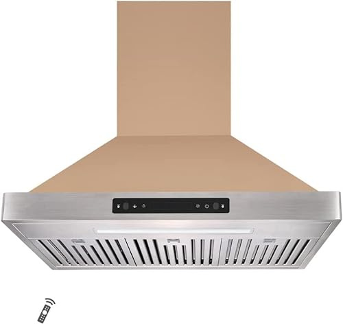 Vesta Brussels 800CFM 36'' Gold Stainless Steel Wall Mounted Range Hood With 6 Speeds Touch/Gesture Control, 6'' Round Vent, Baffle Filters, LED Lights, and Chimney Suitable For 9ft Ceiling