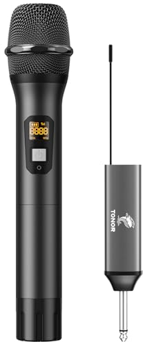 TONOR Microfono Senza Fili, UHF Sistema Wireless Microfonico Portatile in Metallo Cordless con Ricevitore Ricaricabile, Uscita 1/4 per Amplificatore, Macchina da Karaoke, 60m (TW620), Nero