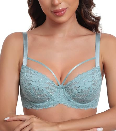 Lemorosy Soutien-Gorge Femme en Dentelle Fleur Sexy sans Rembourrage avec Armature Grandes Tailles à Ruban décoratif (Turquoise,95E)