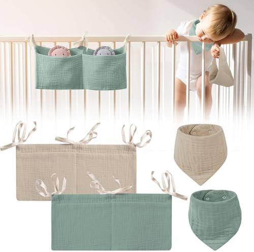 Forhandy 4 Stück Babybett Organizer und Lätzchen Baby, 2-in-1 Babybett Aufbewahrungstasche Verstellbarer Kinderzimmer Hängender Super Saugfähig Halstuch Musselin Dreieckstuch Baby für Junge Mädchen