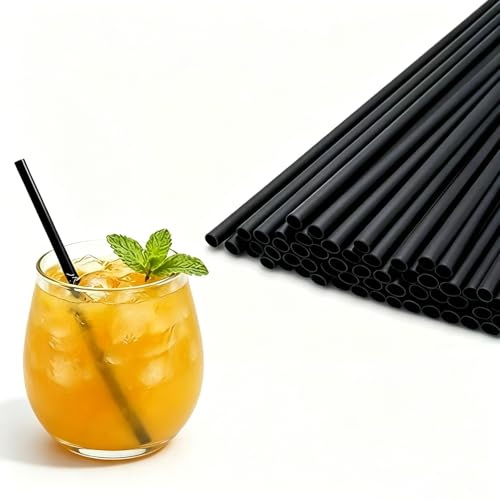 Solamigrace 100 wiederverwendbare Strohhalme Plastik - Schwarz, Durchmesser 6mm, Länge 21cm - aus PP-Kunststoff (für Cocktails, Kaffee, Ice Cream, Saft und Partys)