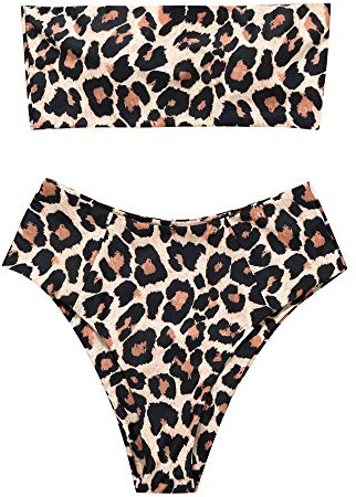 OMKAGI Women's 2 Pieces Bandeau Bikini Swimsuits Off Shoulder High Waist Bathing Suit High Cut(Large,Apricot Leopard)