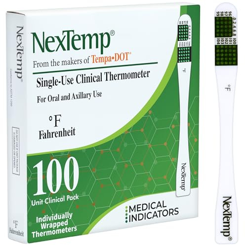 NexTemp Disposable Thermometer (100-Pack, Fahrenheit) — Oral Thermometer for Adults, Single Use, Battery Free, Hygienic, Accurate Readings in 1 Minute, for Home, Clinic & Travel