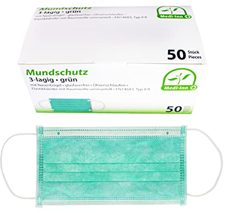 Medi-Inn+ Mundschutz Typ IIR, 3-lagig, grün, 1 x 50 Stück, medizinische Gesichtsmaske mit Ohrschlaufen