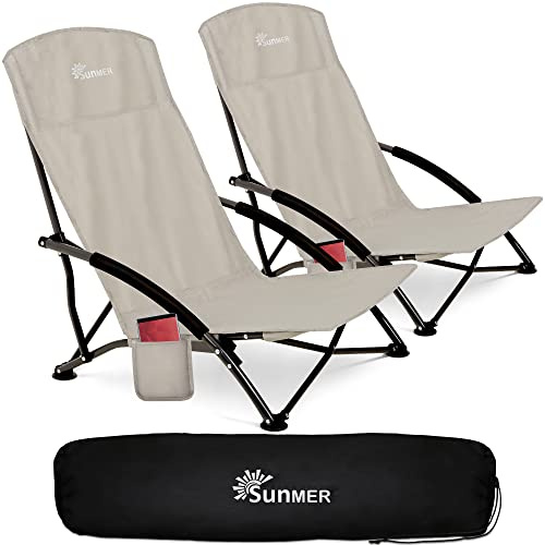 SUNMER Set of 2 Folding Beach Chairs – Foldable Camping Chair with Side Pocket & Carry Bag - 120kg Heavy Duty Capacity, 2.8kg Lightweight Portable Design - Professional Outdoor Seating - Grey