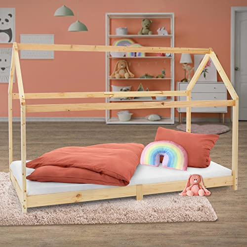 ML-Design Kinderbett 90 x 200 cm mit Dach und Lattenrost, Natur, Hausbett für Mädchen und Jungen, Kinderhaus aus massivem Kiefernholz, Bodenbett Jugendbett, Kinder Bett, Bettenhaus Spielbett Holzbett