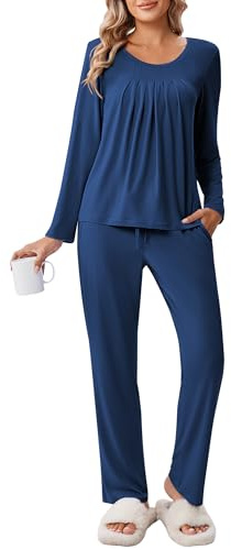Ekouaer Pyjamas för kvinnor mjuka nattkläder set långärmad bekväm pyjamasöverdel lös passform pyjamasbyxor myskläder, S-XXL, BLÅ, XL