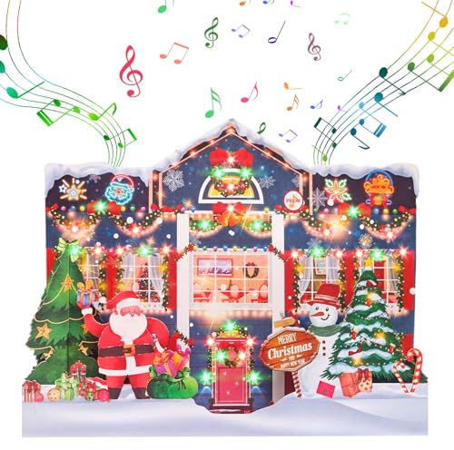 MZD8391 3D Pop Up Christmas Cards with Music and Lights, Animated Christmas Gift Card, Playing 3 Songs with 3 Matching Lights Blinking Modes (Envelope Included)