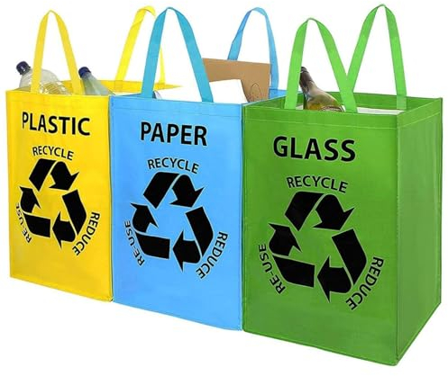 GEEZY Recycle Carry Bags Recycling Organizer Paper Plastic Glass Household Waste Sorting Bin Reusable Sack with Handles Heavy Duty 36L Set of 3