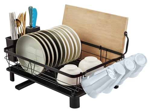Stanew Égouttoir à Vaisselle, Égouttoir Vaisselle avec Porte-Ustensiles et Porte-Gobelets,Support pour Planche à découper,Noir Séchoir à Vaisselle Rangement Vaisselle avec Vidange Automatique.
