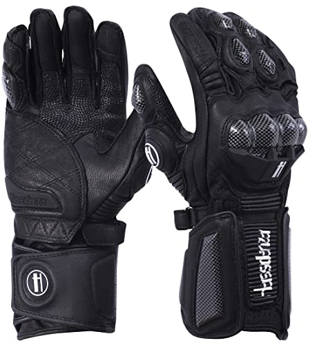 Harssidanzar Powersports KM045UK - Guantes de cuero para motocicleta para hombre y mujer, de fibra de carbono, protección de nudillos, color negro, talla XXL