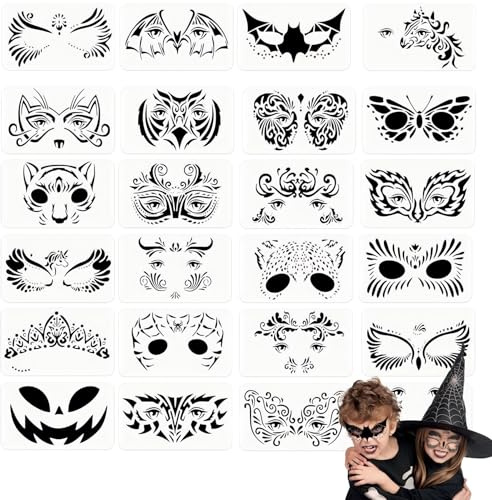 24Piezas Plantilla de Pinturas Cara para Niños Adulto, Plantilla de Pintura Facial Halloween Reutilizable para Fiestas de Maquillaje Carnaval de tatuaje temporal para niños