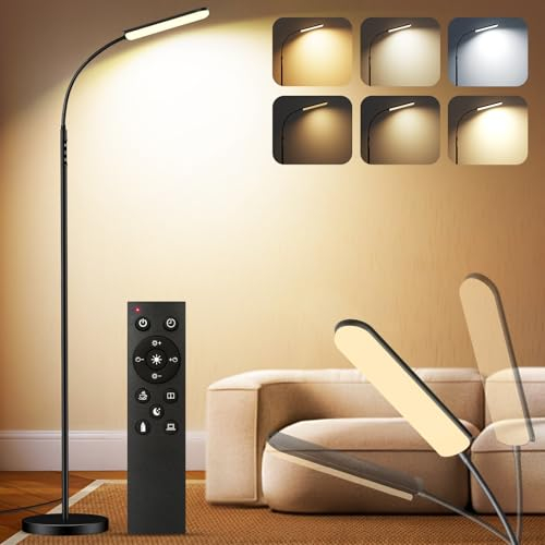 AmazeFun Stehlampe Wohnzimmer, LED Stehlampe Dimmbar, 18W Leselampe Stehlampe 360° Verstellbarer Schwanenhals, Modern Stehleuchte mit Fernbedienung und Touch Control für Schlafzimmer Büro Wohnzimmer
