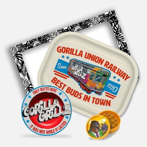 Gorilla Grillz® Rökningssats – komplett rullbricka med askfat och biologiskt nedbrytbar kvarn – perfekt present till rökare – rökarpaket med olika tillbehör (Train)