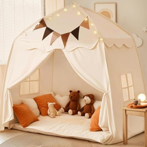 Tente de jeu extra large pour enfants avec drapeaux, tipi portable et pliable, pour garçons et filles, pour l'intérieur et l'extérieur, 150 x 100 x 150 cm, crème