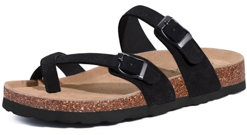 Litfun Women's Genuine Suede Cork Footbed Sandals Comfortable Summer Slides with Adjustable Buckle, Black 38