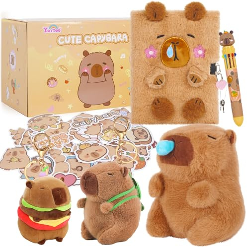 Regali Capibara per bambine dai 5 ai 12 anni, peluche con diario con chiusura a chiave, penna a sfera, portachiavi, adesivi, simpatico set di Capibara per il compleanno dei bambini o per Natale
