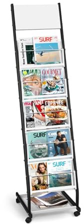 SUNDOY Floor Standing Magazine Rack, 5-Tier Brochure Display Stand with 4 Wheels | Perfect for Reception Rooms and Offices, Black (5-Layer-32.5CM-Wide)