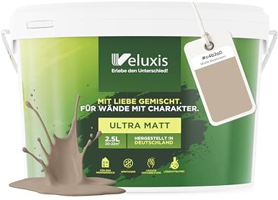 Veluxis Wandfarbe Beige Braun Creme Matt Innenfarbe – Deckkraft Klasse 1, VOC-frei, Ohne Grundierung, Tropfarm – Wohnzimmer & Schlafzimmer – 2,5L (Matte Mushroom)