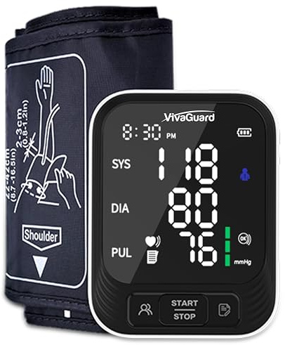 VivaGuard Blood Pressure Monitor for Home Use, Upper Arm Blood Pressure Cuff (8.7 - 16.5), Automatic Digital BP Machine with Large LCD Backlit Display, 2 x 199 Memory, Carrying Case and Power Supply