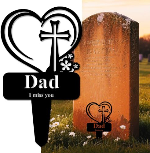 Targa commemorativa per tomba con scritta Dad, decorazione per cimitero, 31,8 x 18,3 cm, a forma di cuore, in metallo, per tombe, cortile, giardino, colore: nero