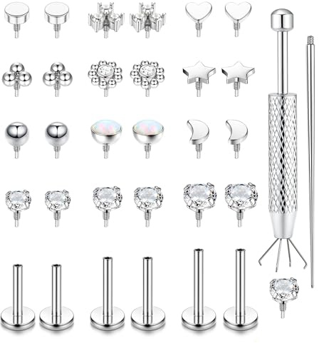 LOLIAS 16G Flat Back Stud Earrings for Women - Hypoallergenic Surgical Steel Nose Studs Internal Thread Stud Piercing Jewelry for Tragus Helix Cartilage Conch Silver Lip Monroe Labret Medusa Piercing