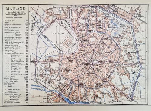 KUSTOM ART Poster Decorativo da Parete Serie Città Famose Milano Mailand Cartina d'Epoca del Centro Storico Stampa Artistica su Cartoncino 40x30cm Senza Cornice