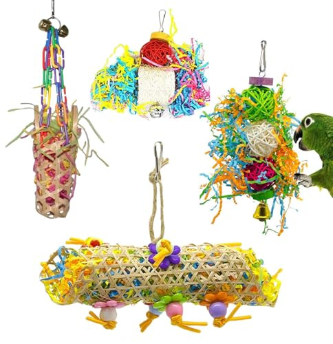 Quorvex Juguetes de Forrajeo para Aves | 4 Piezas Juguetes de Forrajeo para Cacatúas | Juego de para Masticar Colorido para Colgadores, Perchas, Jaula, para Agapornis y Conuros en el Hogar
