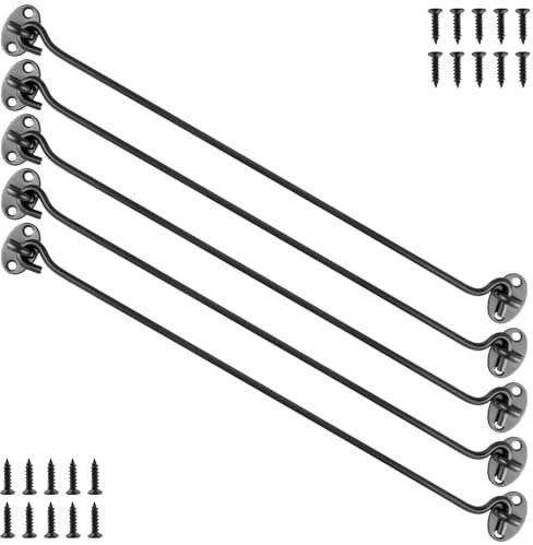 CHUEHKAK 5 Pezzi Chiavistello a Gancio in Acciaio Inox 40 cm Nero Opaco, Catenaccio Porta con Occhiello e 20 Viti, Gancio di Sicurezza per Porte in Legno, Finestre, Garage e Casette da Giardino