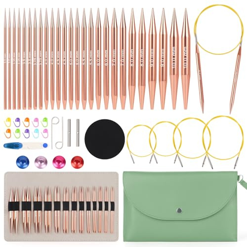 Aeelike Aiguilles Circulaires Interchangeables, 13 paires Aluminium Aiguilles Circulaires Tricot (3,0mm-10,0mm), Kit Aiguille Circulaire acve Câbles (40/60/80/100 cm) pour Débutants, Vert