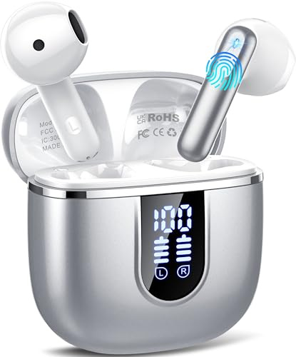 Wireless Earbuds, Bluetooth 5.4 Earphones HiFi Stereo, 14mm Drivers with Big Bass, 40H Bluetooth Headphones with 4 ENC Noise Cancelling Mic, IP7 Waterproof Ear Buds Comfortable Fast Charging Silver