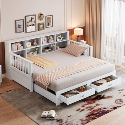 Mrwoo Sofá Cama Multifuncional de Madera Maciza de 190 x 90/180 cm, Cama Nido con Dos Cajones y Armario de Almacenamiento, con Toma de Carga, con Pasamanos a Ambos Lados (sin colchón) (Blanco)