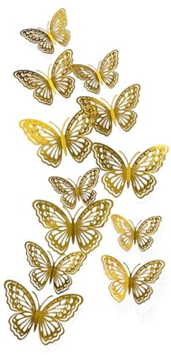 24 Piezas Adornos De Mariposas 3D, Decoración de Pared, 3 tamaños, Adhesivos Extraíbles Decoraciones, Pegatinas de Mariposa Realista, para cumpleaños y fiestas (dorado)