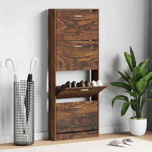 LoogCape Shoe Cabinet Smoked Oak 59 x 17 x 150 cm Wood Material with 4 Tilting Compartments, Narrow Shoe Tipper, Space-Saving Storage for Hallway, Hallway, Hallway Organiser System