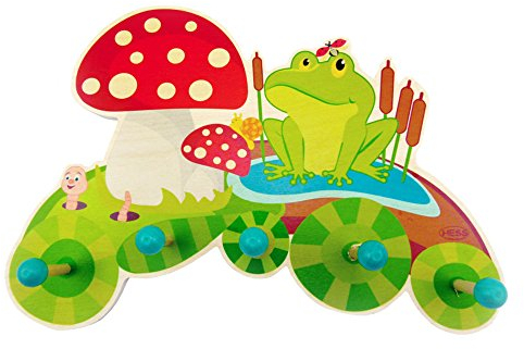 Hess Holzspielzeug 30345 - Garderobe aus Holz, Serie Glückspilz und Frosch, mit 5 Haken, für Kinder, ca. 37 x 26 x 6,5 cm groß, handgefertigt