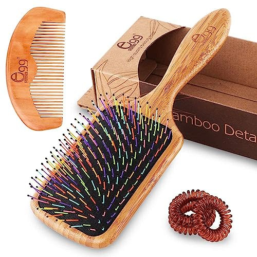 BLACK EGG Paddle Detangling Hair Brush for Women Girls, Rainbow Nylon Brush for Thick Thin Curly Hair, Includes Wooden Detangler Comb and 3 Hair Ties, Valentine’s Day Gift