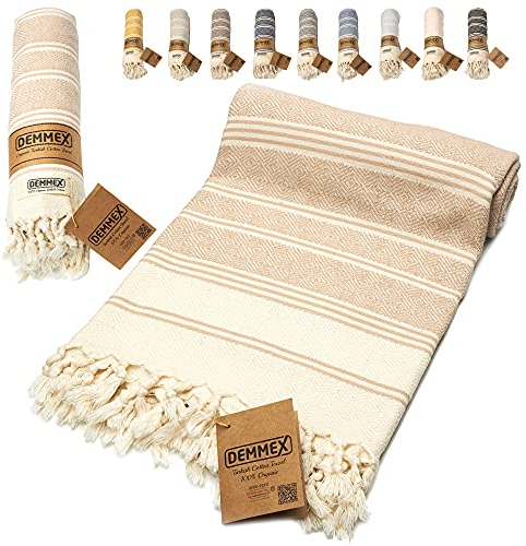 DEMMEX Organic Turkish Cotton Beach Bath Hammam Towel – Quick-Dry, Lightweight, Compact, Sand-Free Beach Towel & Blanket – Luxury Bathroom & Hammam Towel Peshtemal, OEKO-TEX Certified, 180x90cm, Beige