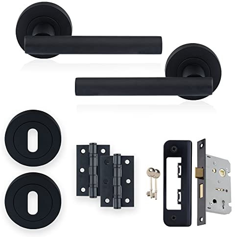 XFORT Matt Black Liberty Lever On Rose Lock Pack, Complete Set with T-Bar Door Handles, 65mm Sashlock, 75mm Ball Bearing Hinges and Escutcheons, for Wooden Doors Requiring Key Locking Security.