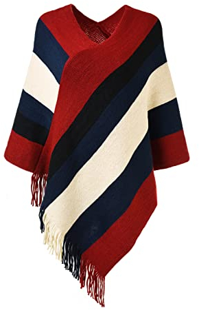 Ferand Damen Gestreifter Poncho Pullover Vielseitiger Schal zum Wickeln mit Fransen für Herbst und Winter - One Size - Rot & Schwarz