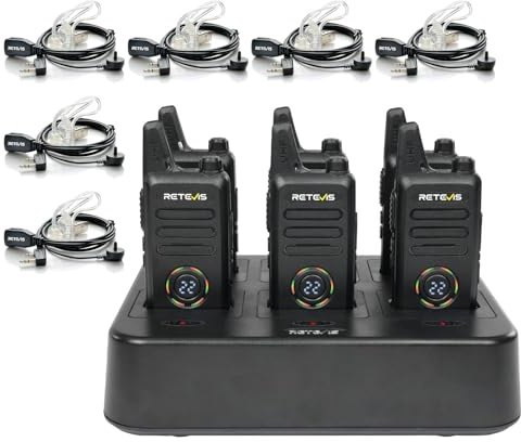 Retevis RT22S 2 Way Radios Rechargeable,Long Range Walkie Talkies with Earpiece and Mic Set,Channel Display,Signal Prompt,Handsfree Portable Two-Way Radio(6 Pack) with 6 Way Multi Gang Charger