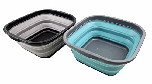 SAMMART 5.5L (1.4 Gallons) Set of 2 Collapsible Tub - Foldable Dish Tub - Portable Washing Basin - Space Saving Plastic Washtub (Alloy Grey + Crystal Blue)